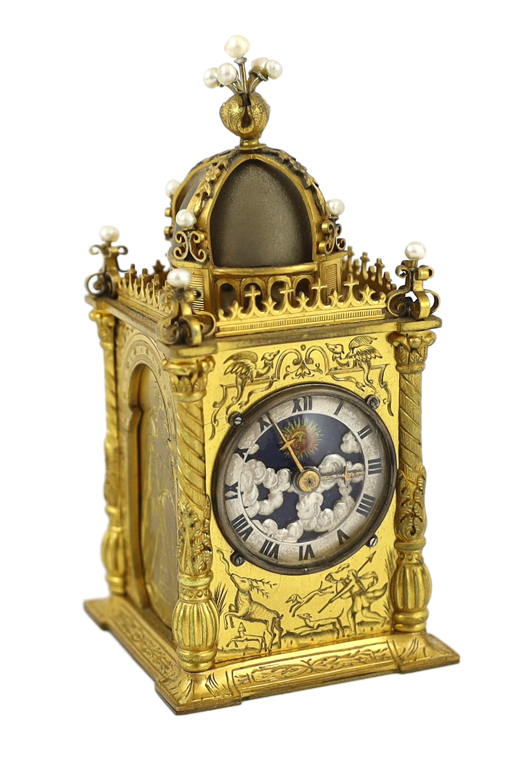 An early 20th century French miniature timepiece modelled on a 17th century domed bell clock, 4.75cm wide, 9.5cm high, with original leather travelling case